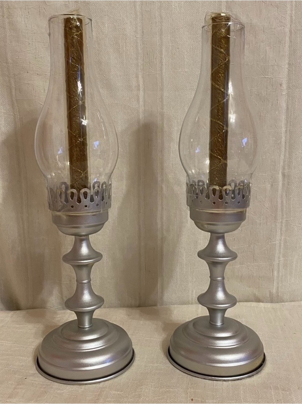 Vintage Pair Candle Holders w/ Hurricane Glass Chimneys 16”